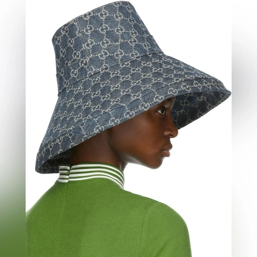 Gucci Bucket Hat GG Monogram Wide Large Brim Jacquard Canvas Denim New - Picture 5 of 11